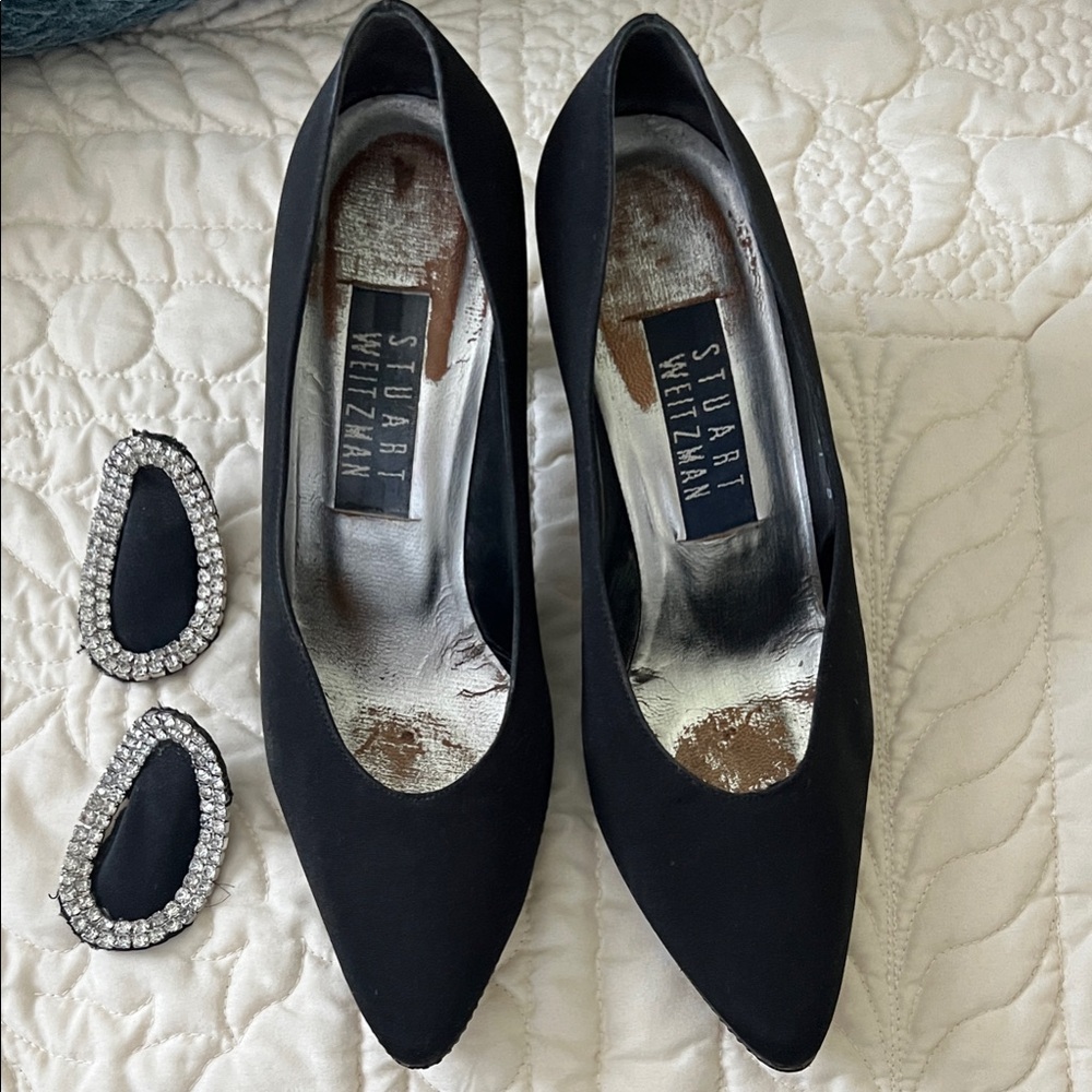 Stuart Weitzman Black Heels with Crystal Accents and Rhinestone Shoe Clips